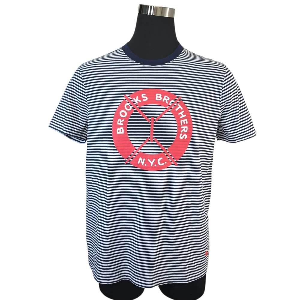 Brooks Brothers Mens L Striped Cotton T Shirt Graphic‎ Short Sleeve Blue White